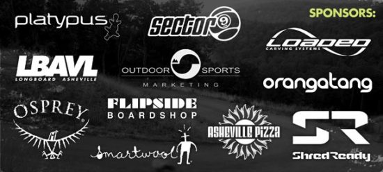 Thrasheville Mountain Skate Festival Sponsors: Asheville Pizza & Brewing Co., Shred Ready, OSM, Sector 9, Loaded, Orangatang, Osprey, Platypus, Smartwool, Flipside Boardshop