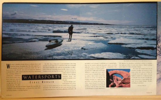 Circa 1989 Patagonia Catalog featuring John Weld crossing and ice field during a Baffin Island kayak expedition.